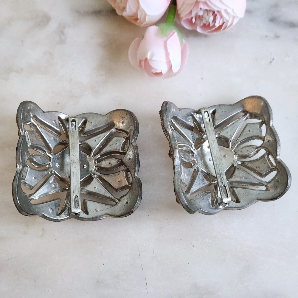 Antique Art Deco Silver Rhinestone Shoe Clips Set Geometric Filigree Pair - Picture 3 of 4